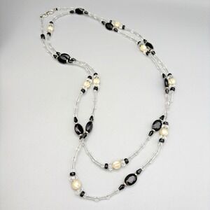 Givenchy Lucite and Faux Pearl Beaded Necklace 54" Flapper Black Clear Signed